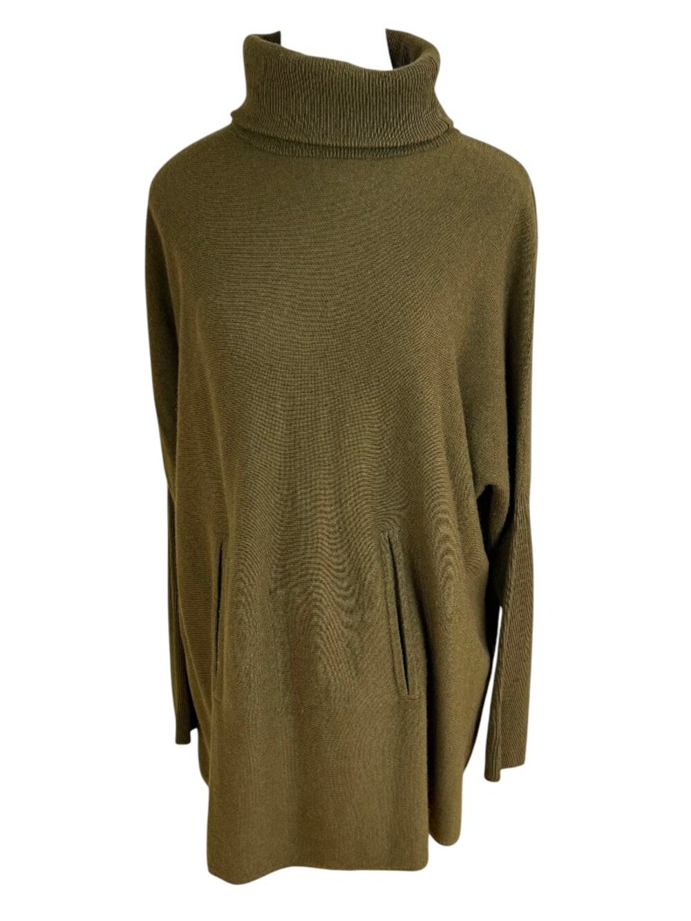 Garnet Hill Sweater Wool Cashmere Turtleneck Pouch Pocket Olive Heather (S)